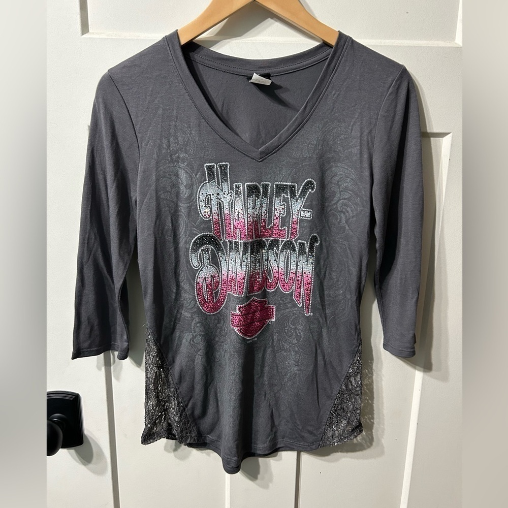 NWOT Harley-Davidson® Lace & Bling Embellished Scoop Neck 3/4 sleeve tee